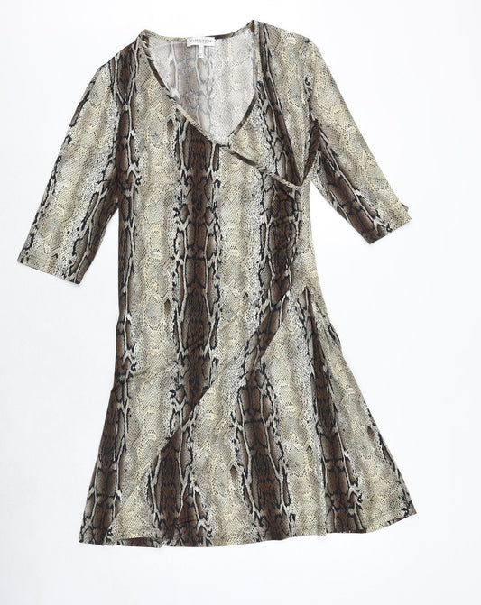 Kirsten Womens Brown Animal Print Polyester Trapeze & Swing Size 12 V-Neck Pullover - Snakeskin Pattern