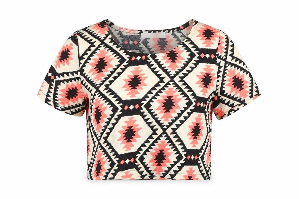 Vera & Lucy Womens Black Geometric Polyester Basic T-Shirt Size S Round Neck