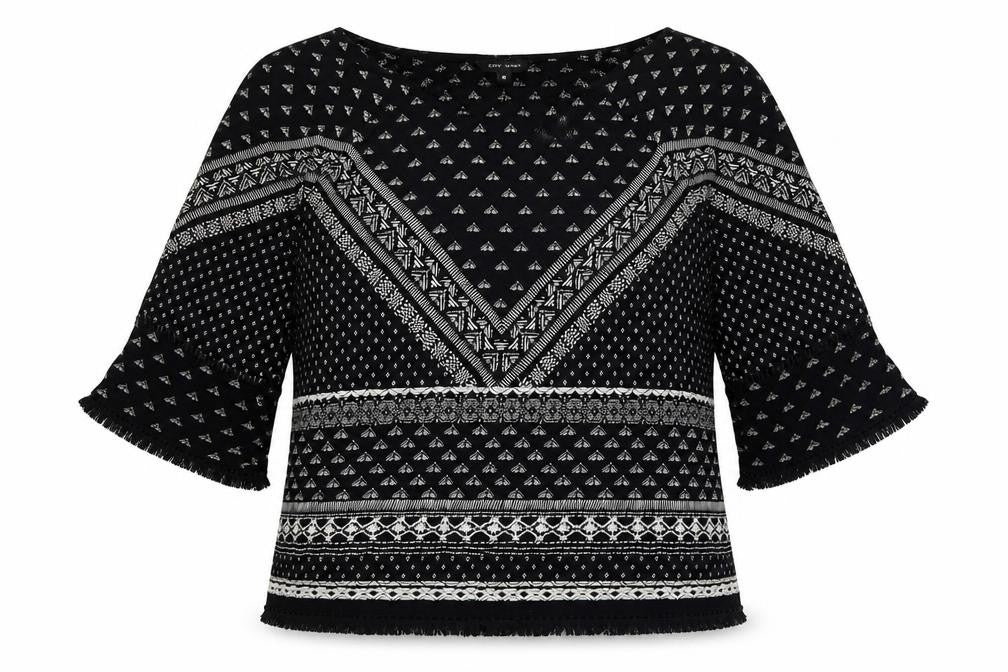 New Look Womens Black Geometric Viscose Basic Blouse Size 10 Round Neck