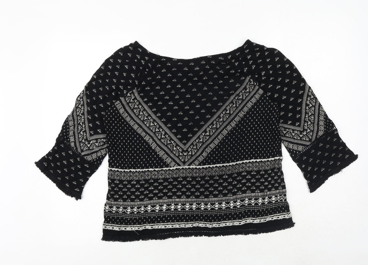 New Look Womens Black Geometric Viscose Basic Blouse Size 10 Round Neck