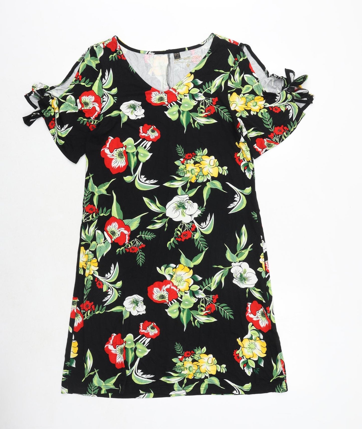 BPC Womens Black Floral Viscose A-Line Size S V-Neck Pullover - Cold Shoulder