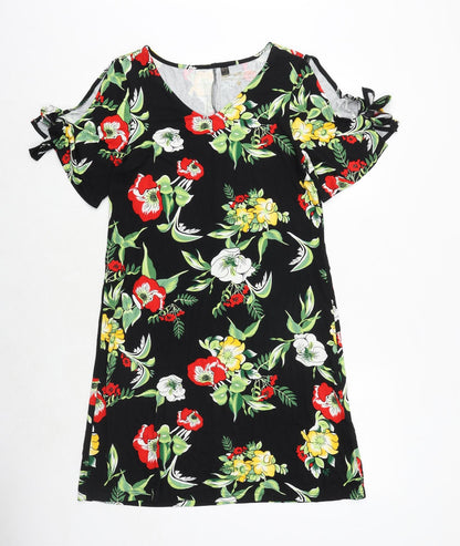 Bonprix Womens Black Floral Viscose A-Line Size S V-Neck Pullover - Cold Shoulder