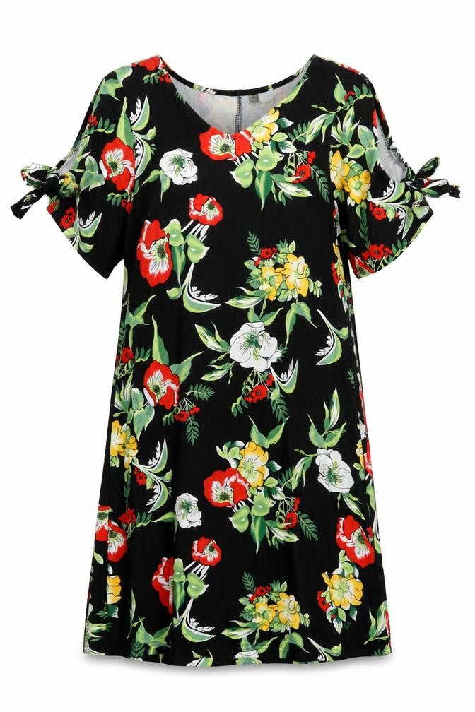 Bonprix Womens Black Floral Viscose A-Line Size S V-Neck Pullover - Cold Shoulder