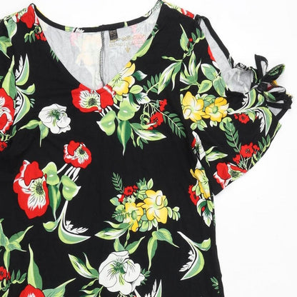 Bonprix Womens Black Floral Viscose A-Line Size S V-Neck Pullover - Cold Shoulder