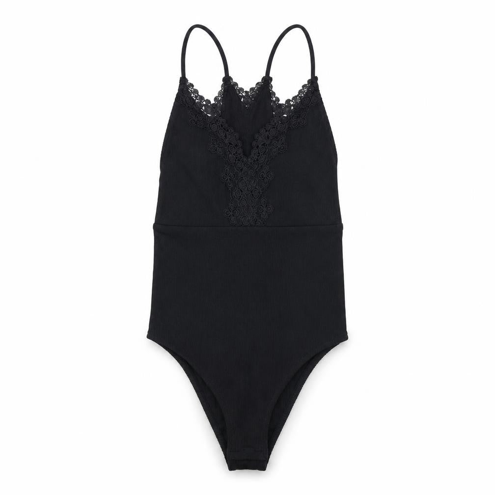 Topshop Womens Black Polyester Bodysuit One-Piece Size 6 Snap - Crocheted Lace Detail