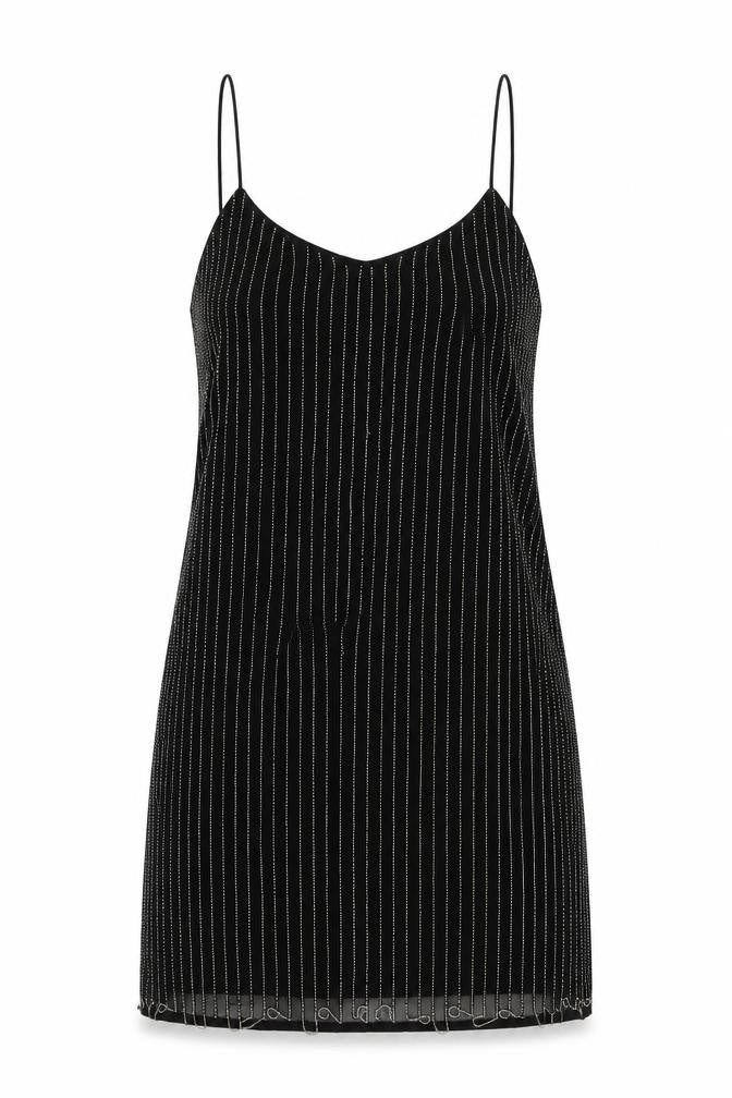 Glamorous Womens Black Striped Polyester Slip Dress Size M V-Neck Pullover