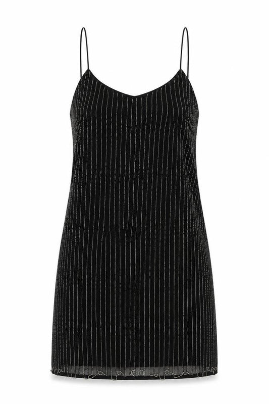 Glamorous Womens Black Striped Polyester Slip Dress Size M V-Neck Pullover