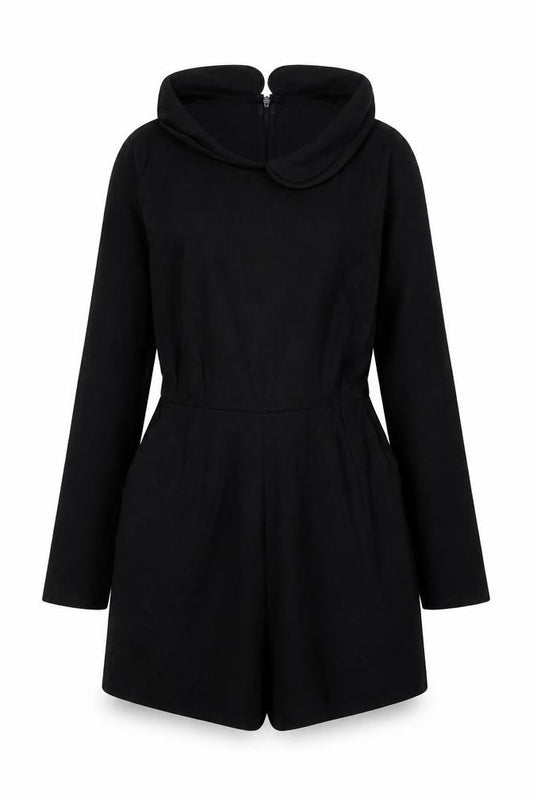 Front view of Cooperative women’s black viscose playsuit one-piece, size XS, zip