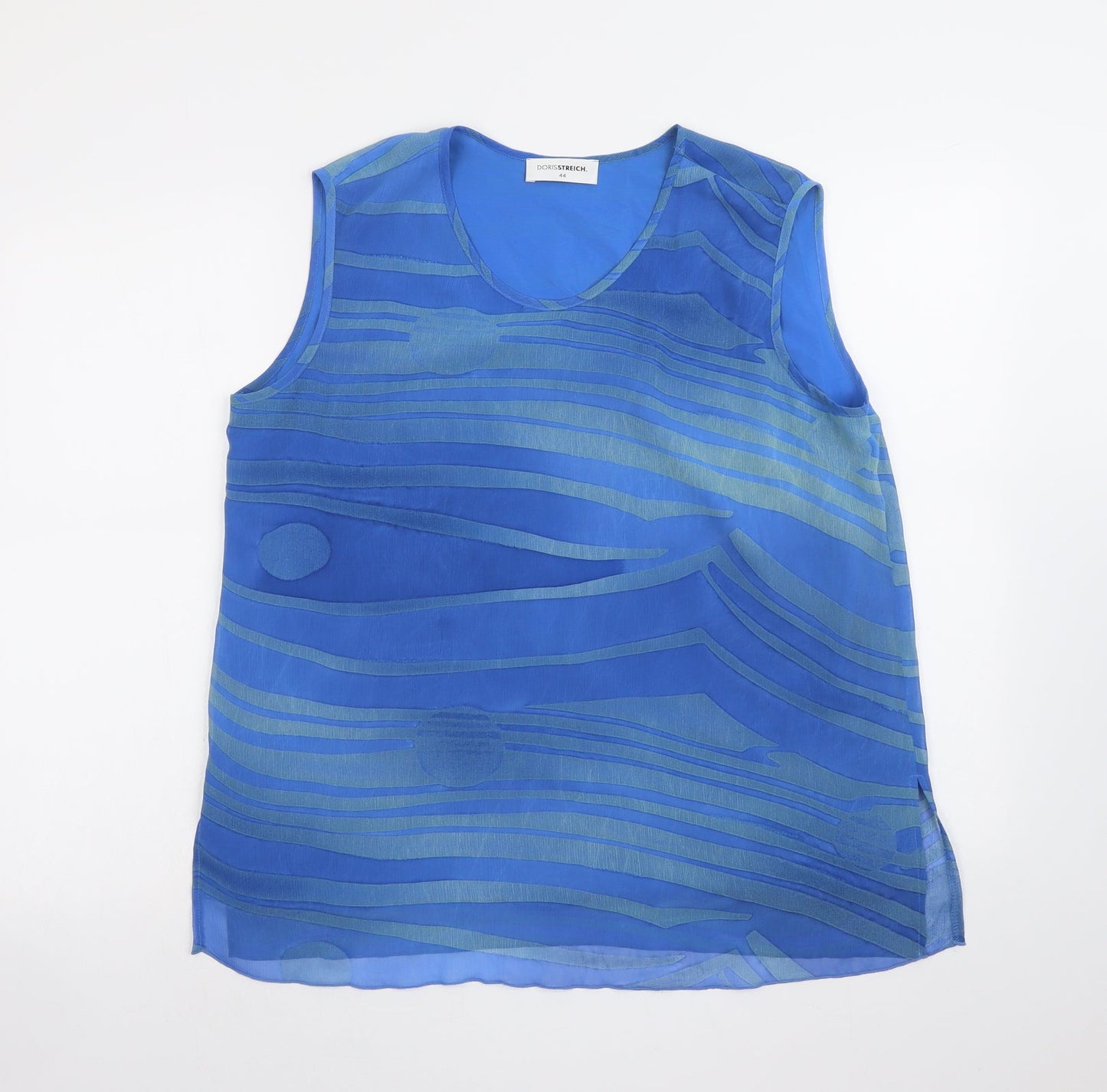 Doris Streich Womens Blue Geometric Polyester Basic Tank Size 16 Round Neck