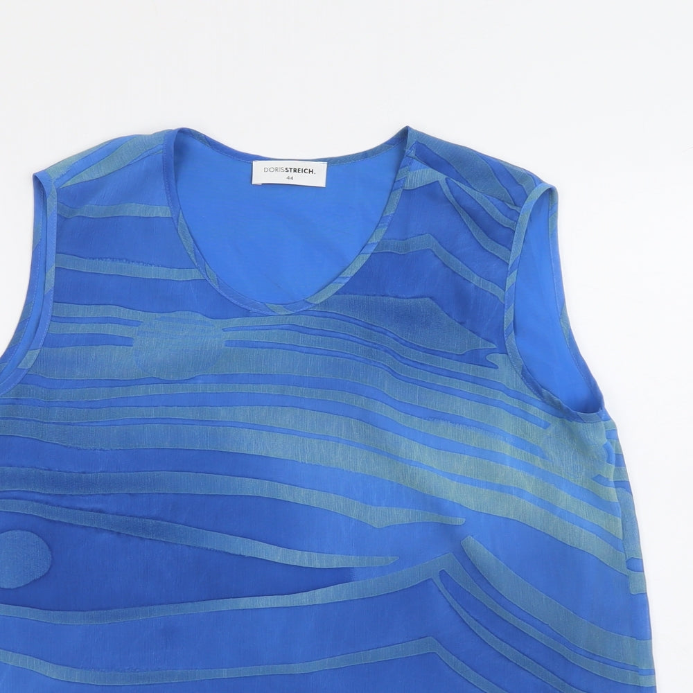 Doris Streich Womens Blue Geometric Polyester Basic Tank Size 16 Round Neck