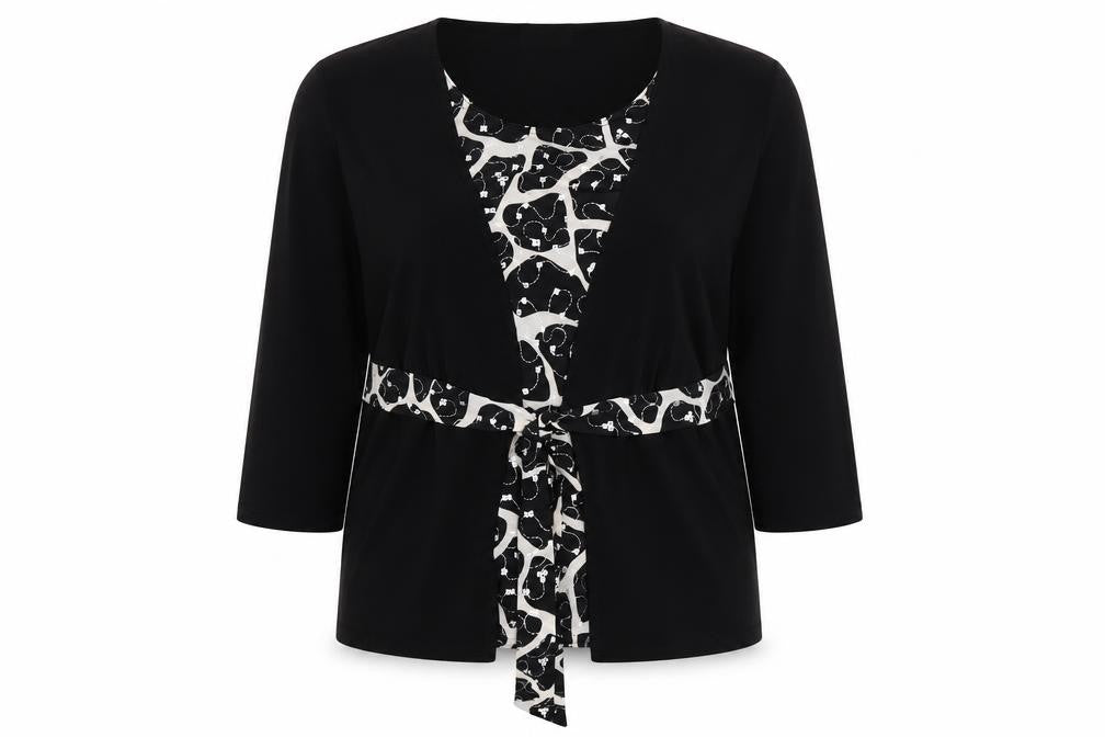 Saloos Womens Black Geometric Polyester Basic Blouse Size M Round Neck - Twin Set