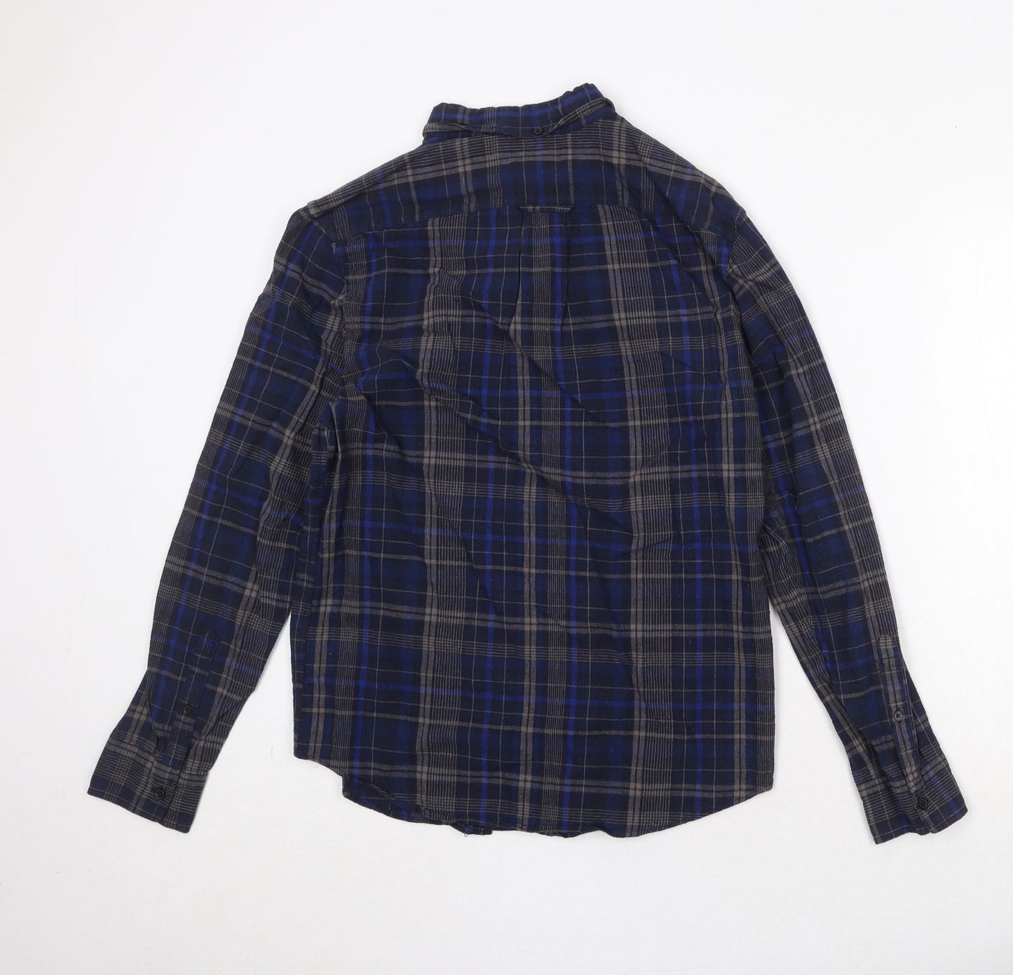 H&M Mens Blue Plaid Cotton Button-Up Size S Collared Button