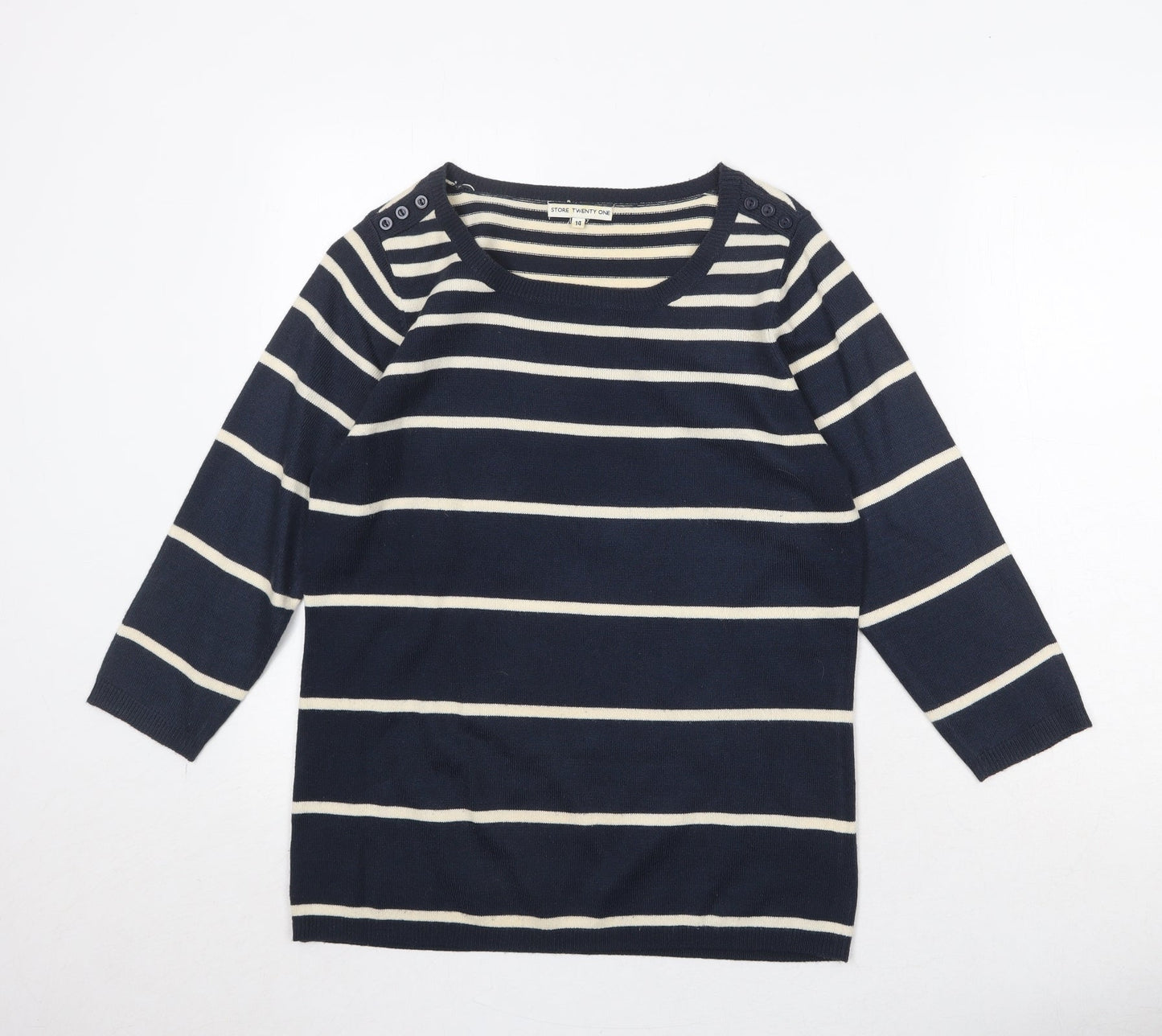 Store Twenty One Womens Blue Round Neck Striped Acrylic Pullover Jumper Size 14