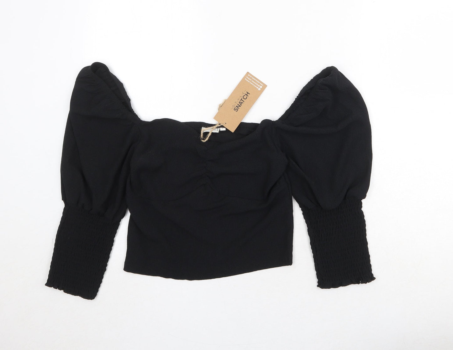 Style Snatch Womens Black Polyester Cropped Blouse Size L Round Neck