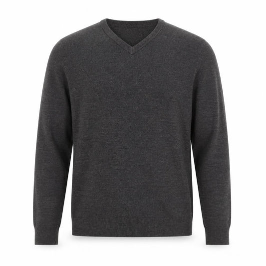 Front view of Atlantic Bay men’s grey v-neck acrylic jumper, size L, long sleeve