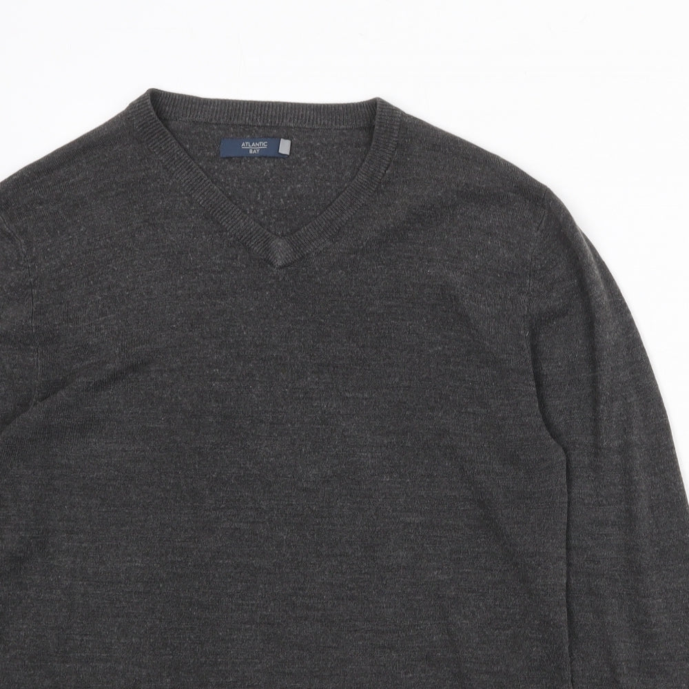 Atlantic Bay Mens Grey V-Neck Acrylic Pullover Jumper Size L Long Sleeve