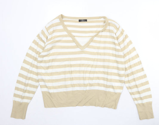 Bonmarché Womens Beige V-Neck Striped Acrylic Pullover Jumper Size M