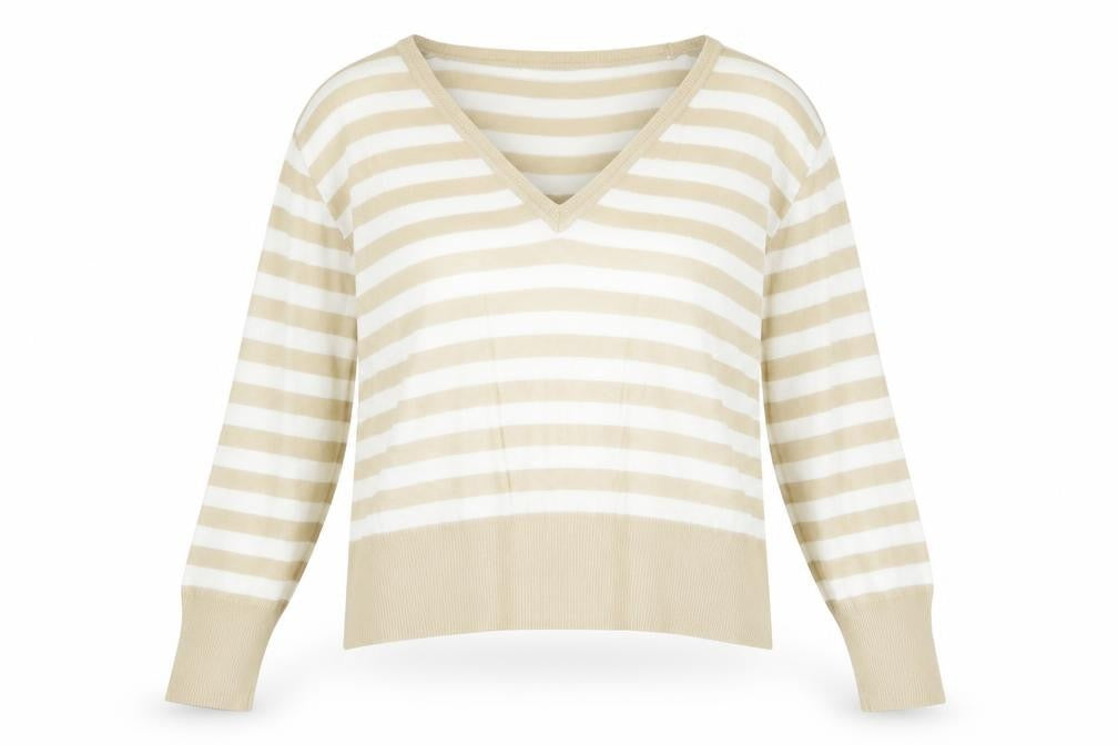 Bonmarché Womens Beige V-Neck Striped Acrylic Pullover Jumper Size M