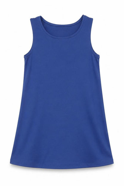 Front view of Monsoon girls’ blue polyester basic tank, size 7, years round neck pullover