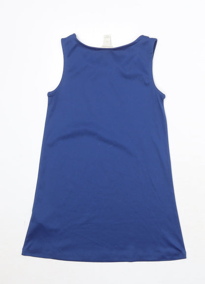 Back view of Monsoon girls’ blue polyester basic tank, size 7, years round neck pullover