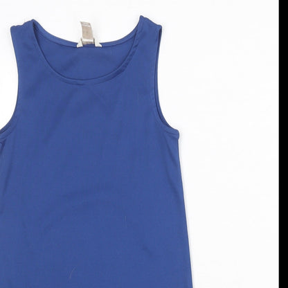 Close-up detail of Monsoon girls’ blue polyester basic tank, size 7, years round neck pullover