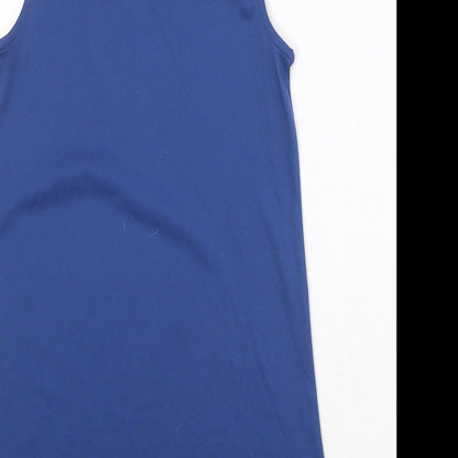 Brand and care label for Monsoon girls’ blue polyester basic tank, size 7, years round neck pullover