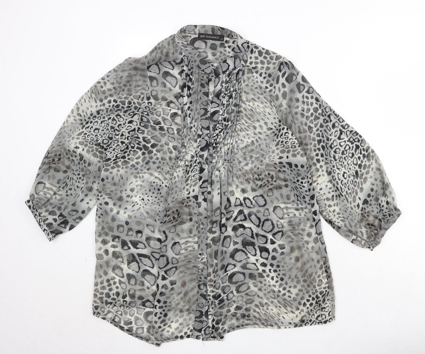 JUST ELEGANCE Womens Grey Animal Print Polyester Basic Button-Up Size 14 Round Neck - Leopard Pattern
