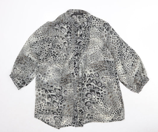 JUST ELEGANCE Womens Grey Animal Print Polyester Basic Button-Up Size 14 Round Neck - Leopard Pattern