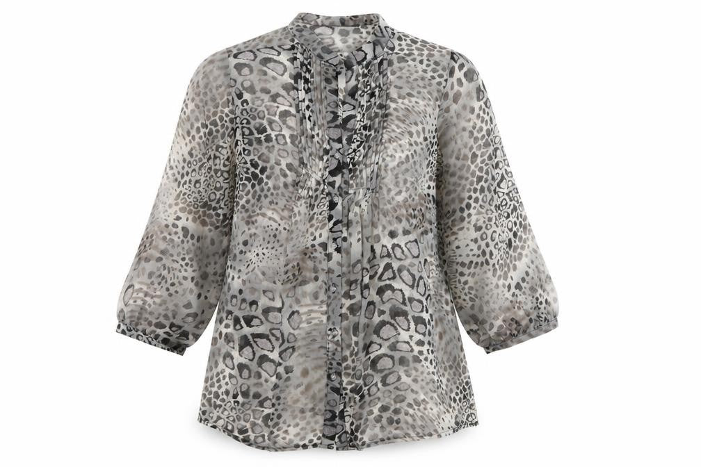 JUST ELEGANCE Womens Grey Animal Print Polyester Basic Button-Up Size 14 Round Neck - Leopard Pattern