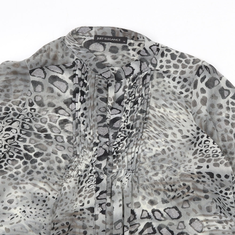 JUST ELEGANCE Womens Grey Animal Print Polyester Basic Button-Up Size 14 Round Neck - Leopard Pattern
