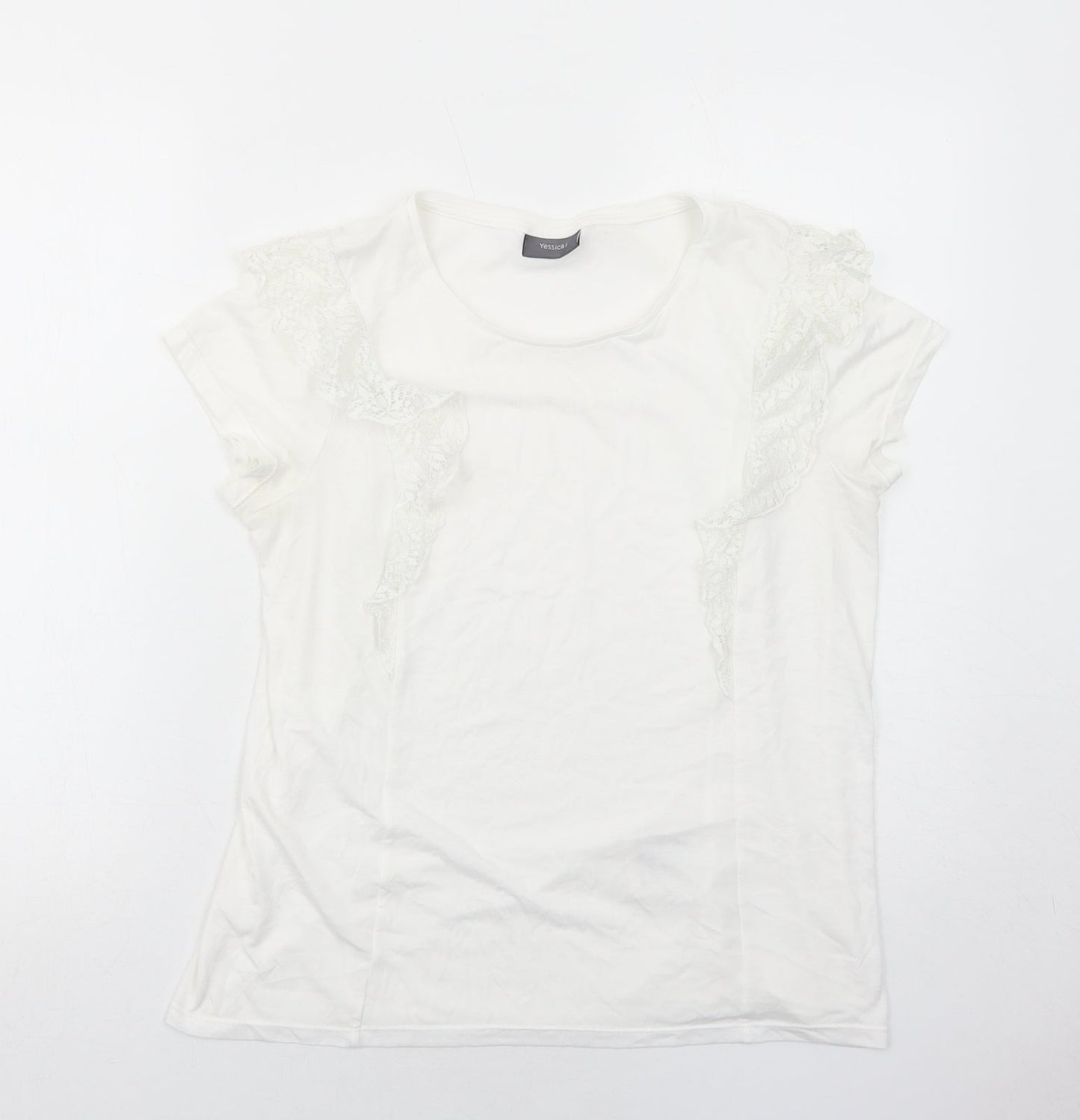 Yessica Womens White Polyamide Basic T-Shirt Size M Round Neck