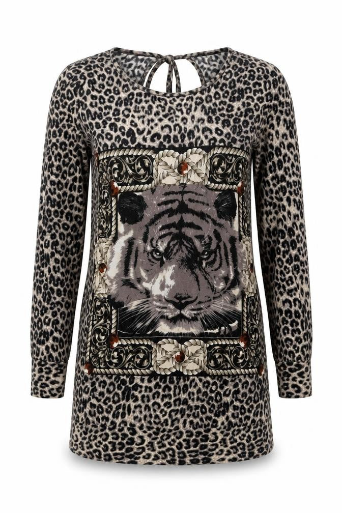 Quiz Womens Black Animal Print Polyester A-Line Size S Round Neck Pullover - Leopard Pattern Lion Print