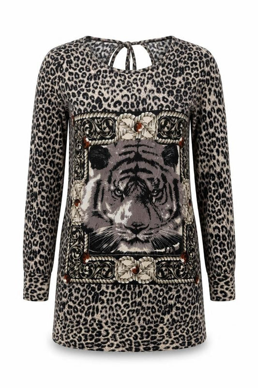 Quiz Womens Black Animal Print Polyester A-Line Size S Round Neck Pullover - Leopard Pattern Lion Print