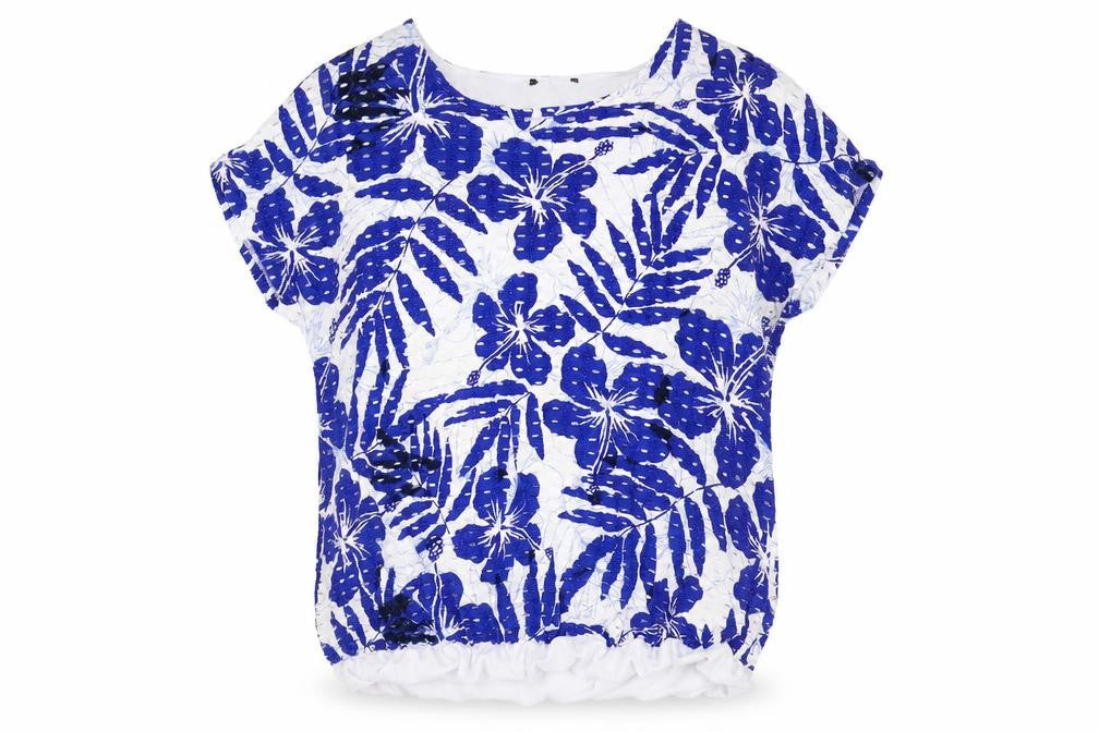 Klass Womens Blue Floral Viscose Basic Blouse Size L Round Neck