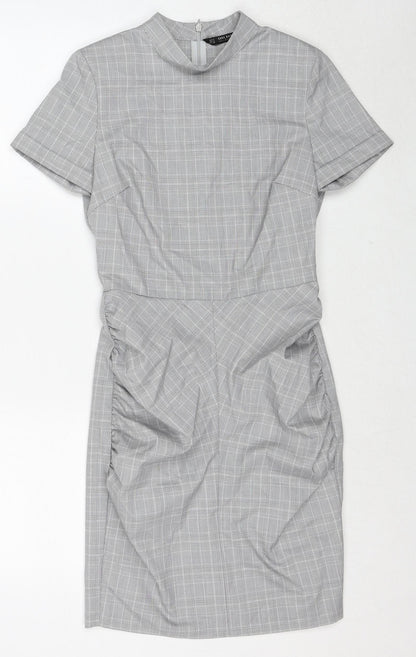 Zara Womens Grey Plaid Polyester A-Line Size S Round Neck Zip