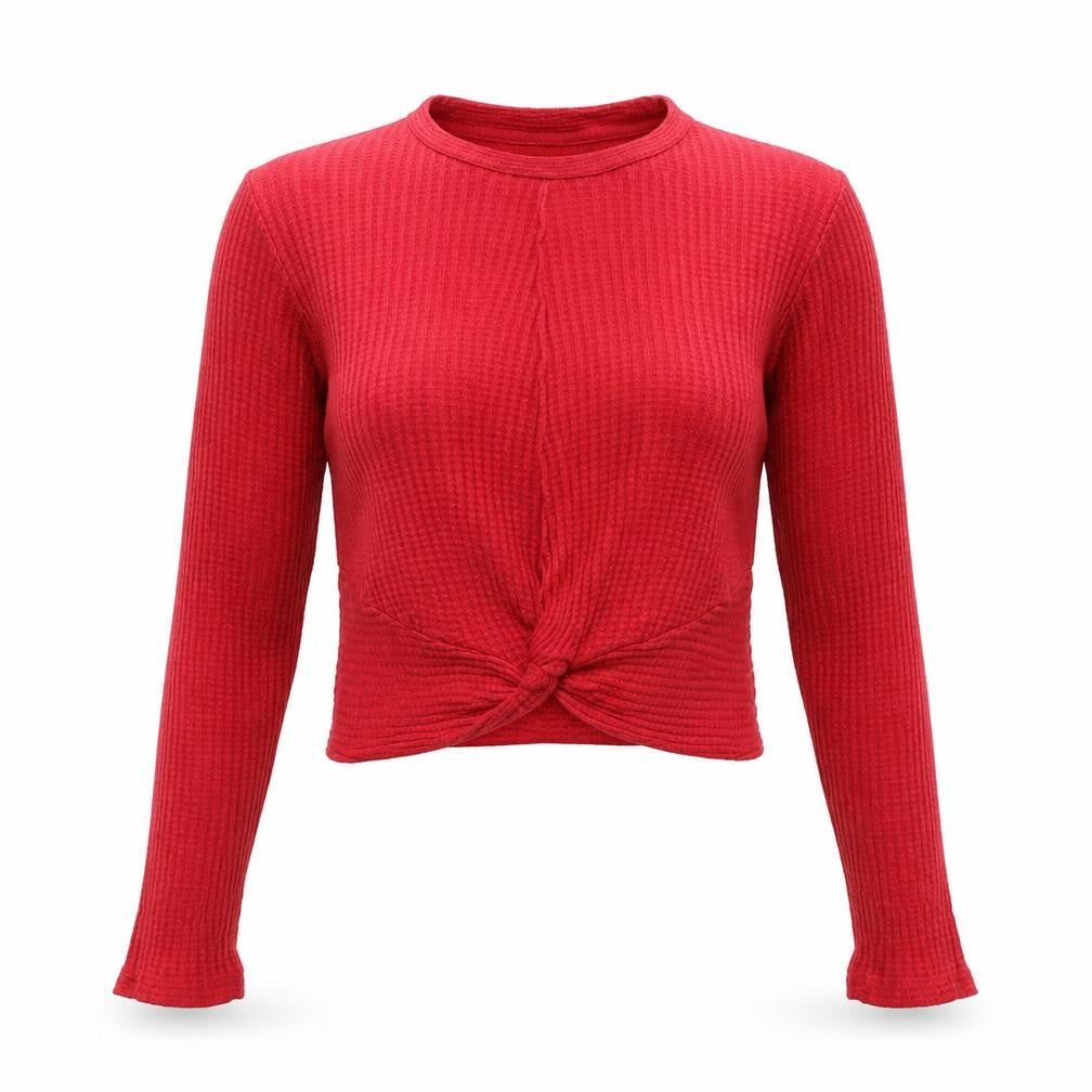 Topshop Womens Red Round Neck Viscose Pullover Jumper Size 6 - Cropped Knot Front