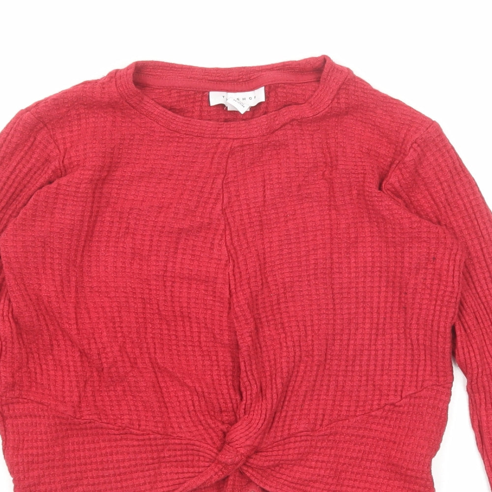 Topshop Womens Red Round Neck Viscose Pullover Jumper Size 6 - Cropped Knot Front