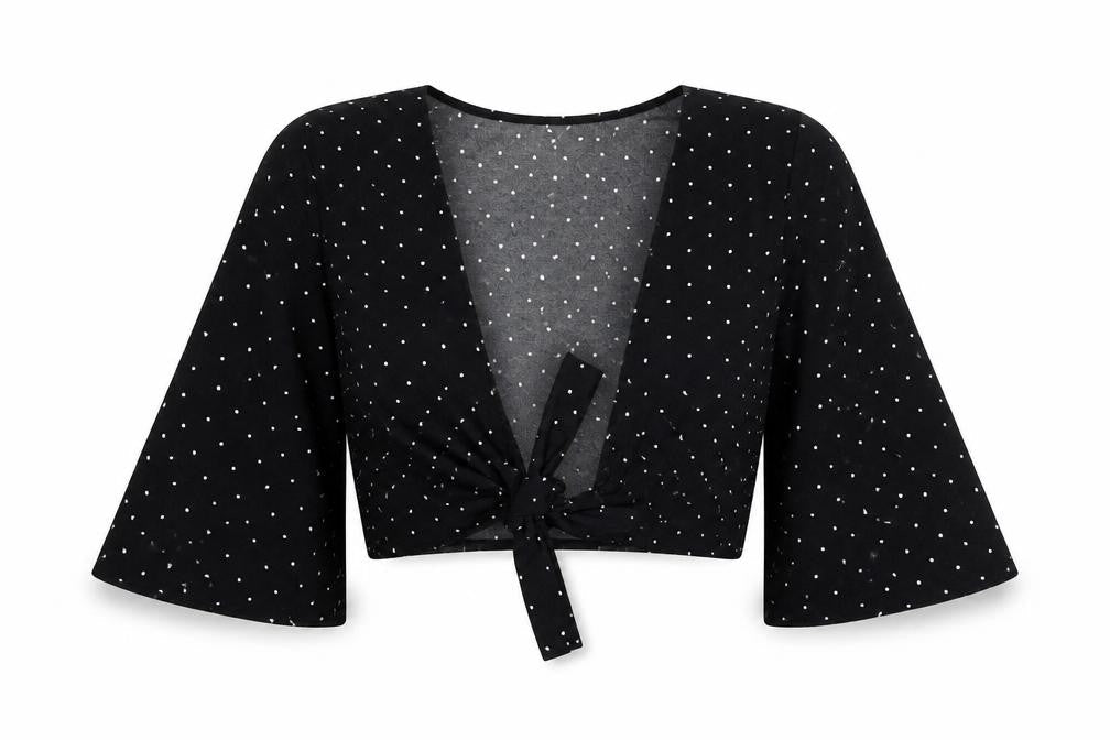 Princess Polly Womens Black Polka Dot Polyester Cropped Blouse Size 8 V-Neck