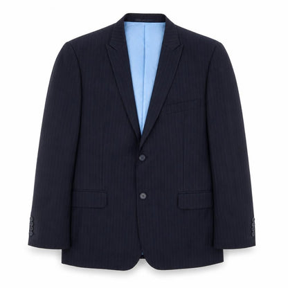 Front view of French Connection men’s blue striped polyester jacket suit jacket, size 42, regular