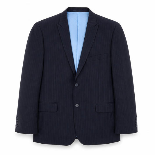 Front view of French Connection men’s blue striped polyester jacket suit jacket, size 42, regular