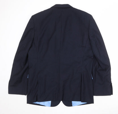 Back view of French Connection men’s blue striped polyester jacket suit jacket, size 42, regular
