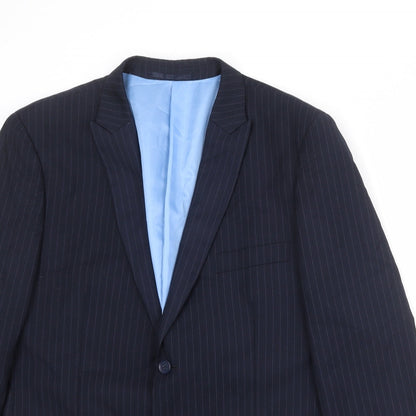 Close-up detail of French Connection men’s blue striped polyester jacket suit jacket, size 42, regular