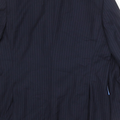 Brand and care label for French Connection men’s blue striped polyester jacket suit jacket, size 42, regular