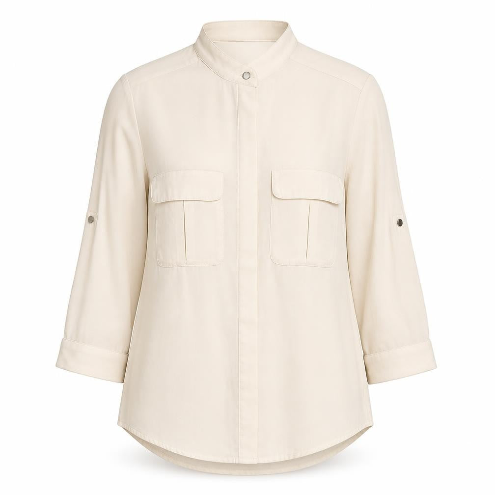 H&M Womens Beige Polyester Basic Button-Up Size 4 Round Neck