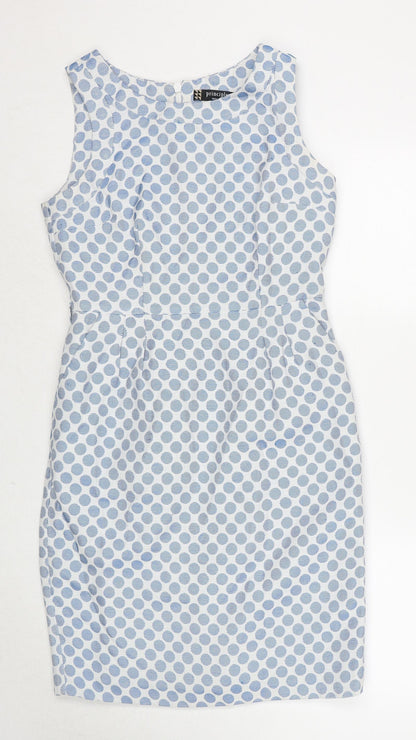 Additional front view of Principles women’s blue polka dot polyester a-line, size UK 12, round neck zip