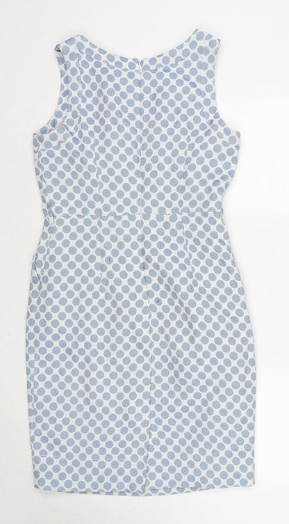Back view of Principles women’s blue polka dot polyester a-line, size UK 12, round neck zip