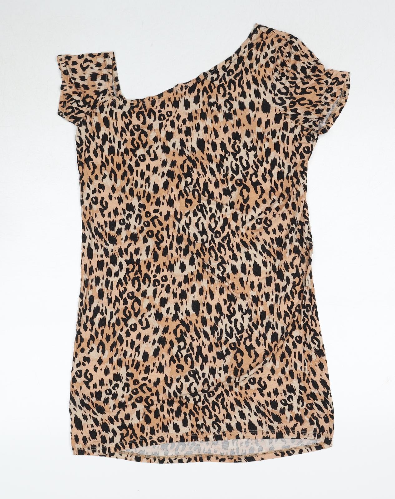 Very Womens Brown Animal Print Viscose Basic Blouse Size 8 Off the Shoulder - Asymmetric Neckline