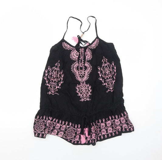 River Island Womens Black Geometric Cotton Basic Blouse Size S Round Neck