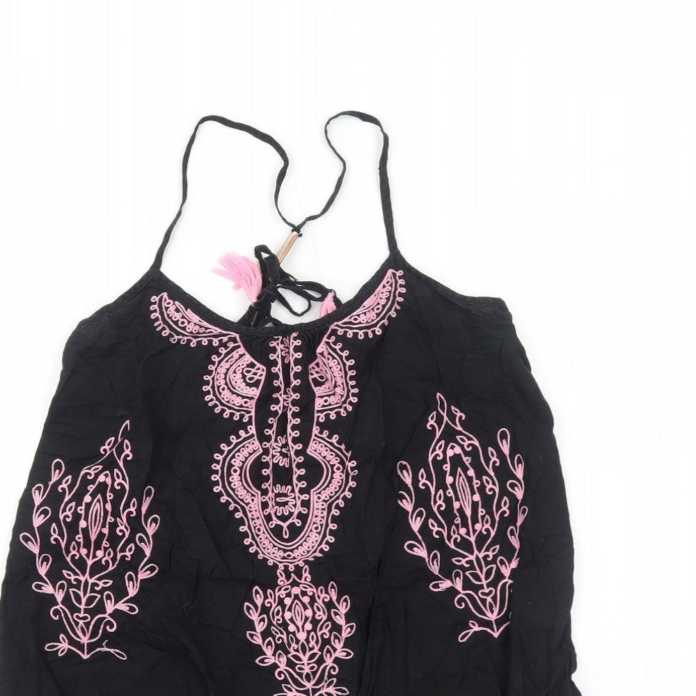 River Island Womens Black Geometric Cotton Basic Blouse Size S Round Neck