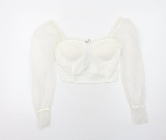 Cameo Rose Womens White Geometric Polyester Basic Blouse Size M Sweetheart - Sheer Sleeves